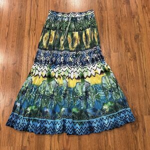 Take Two Broomstick Skirt Womens Medium Lined Elastic Waist Boho Green Blue Maxi